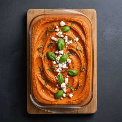 Smooth roasted red pepper blended with creamy feta and fresh basil for a perfectly balanced taste.