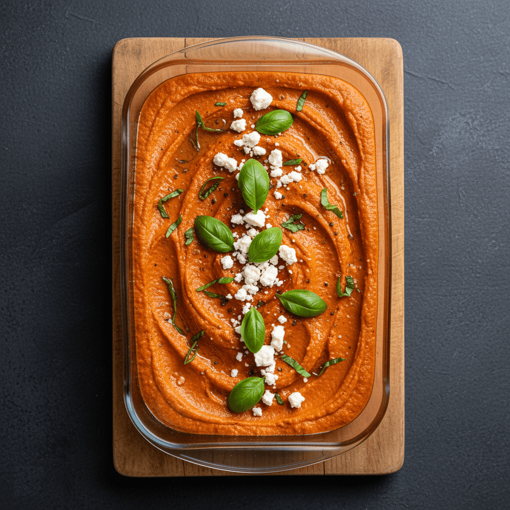 Smooth roasted red pepper blended with creamy feta and fresh basil for a perfectly balanced taste.