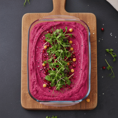 Vibrant pink hummus with beetroot, garnished with microgreens