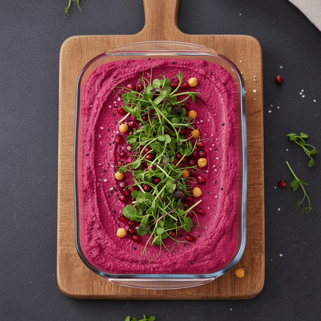 Vibrant pink hummus with beetroot, garnished with microgreens