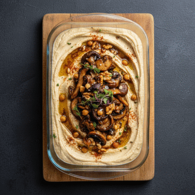 Creamy hummus infused with truffle oil and roasted mushrooms