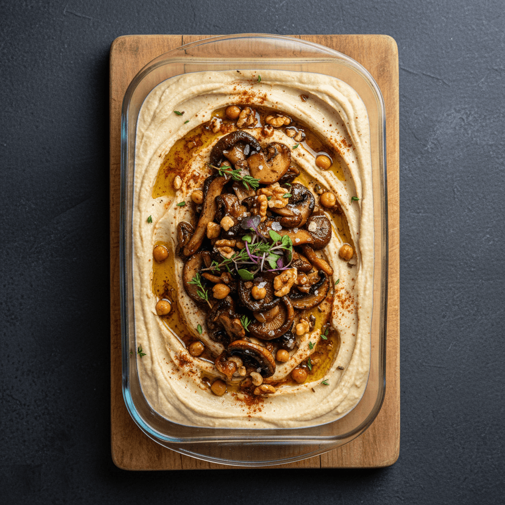 Creamy hummus infused with truffle oil and roasted mushrooms