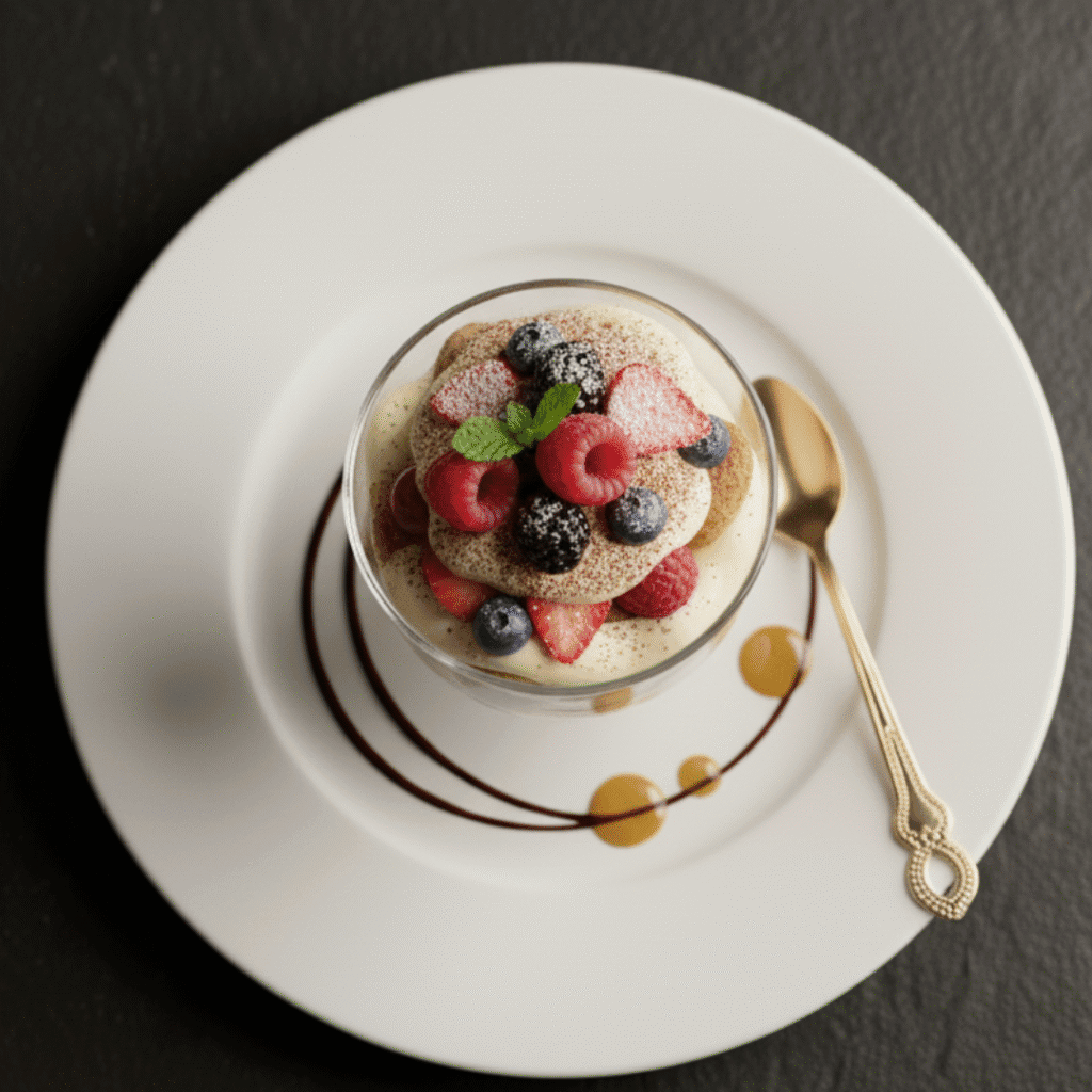 Berry Tiramisu Cup A refreshing twist on the classic — mini tiramisu layered with fresh berries for a light, fruity finish.