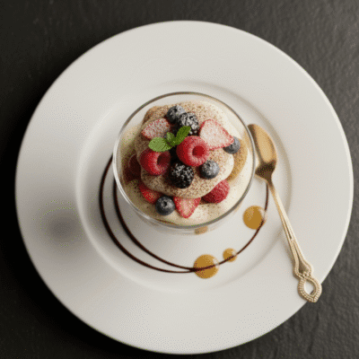 Berry Tiramisu Cup A refreshing twist on the classic — mini tiramisu layered with fresh berries for a light, fruity finish.