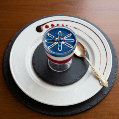 Union Layers Three-layered pudding cup inspired by the UK flag — natural blue from Butterfly Pea Flower tea, creamy white vanilla, and vibrant red beet infusion.